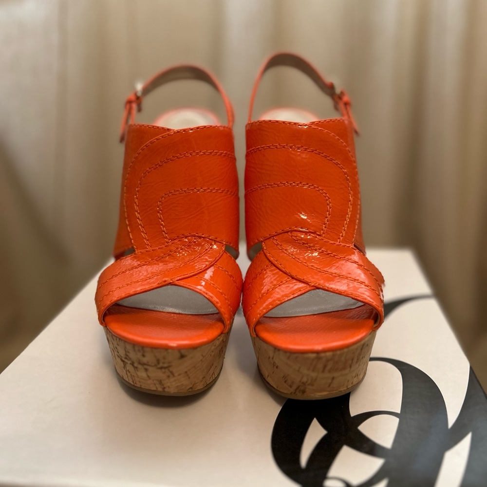 Nine West Bright Orange Cork Wedge Sandals